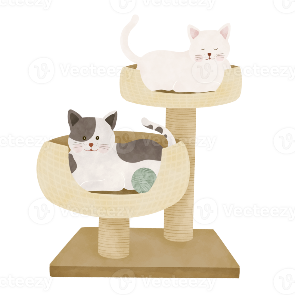 Cute cartoon cat sleep in a cat tower png