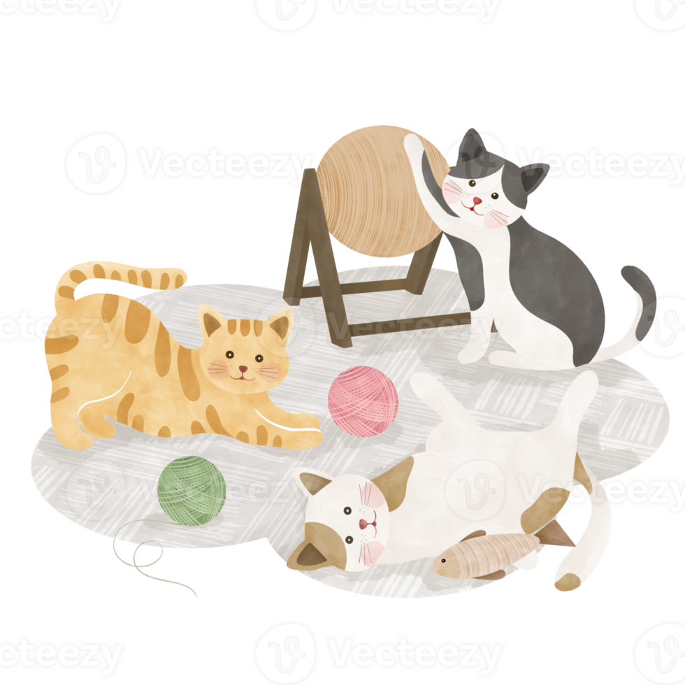 cute cats play with toys cartoon illustration png