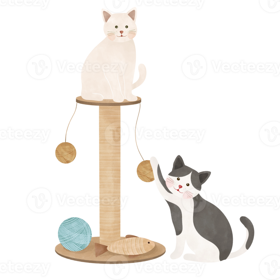 cute cat play with cats tree cartoon illustration png