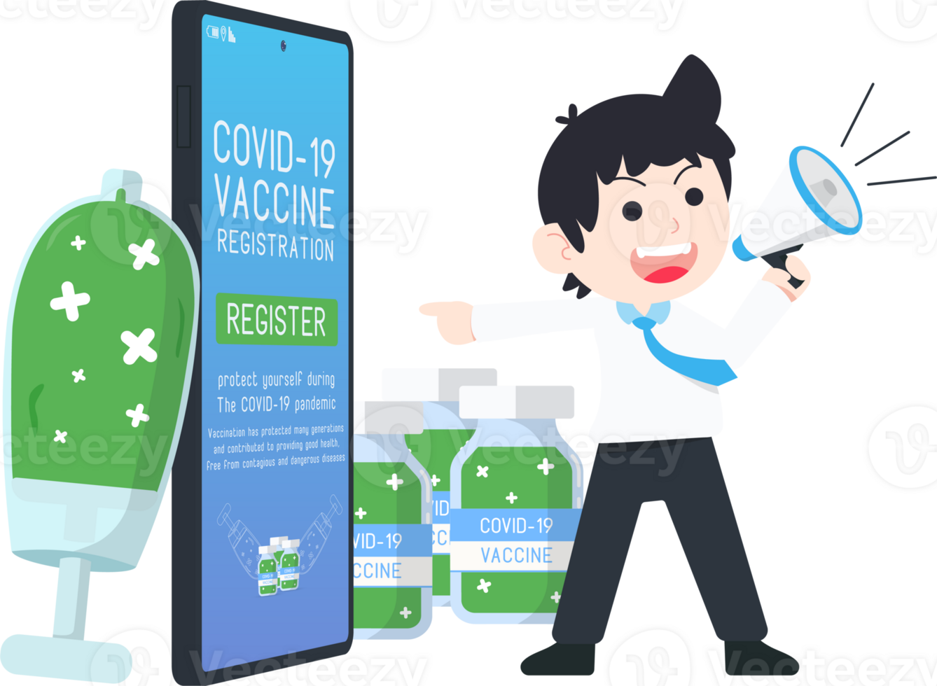 Business Man Pointing to Mobile Phone And Announce about Covid Coronavirus Vaccine Registration png