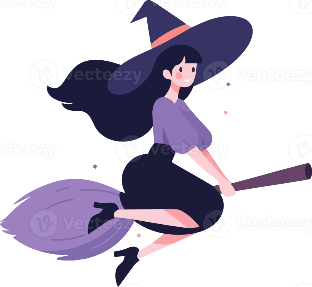 Hand Drawn a witch riding a broomstick in flat style png