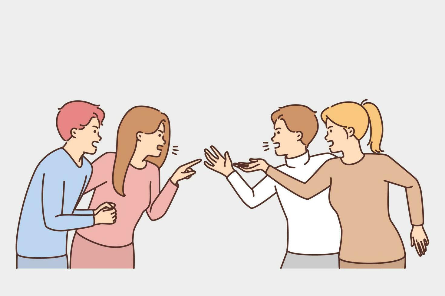 Diverse people shout and yell engaged in fighting. Angry men and women have argument or confrontation. Quarrel and disagreement. Vector illustration.