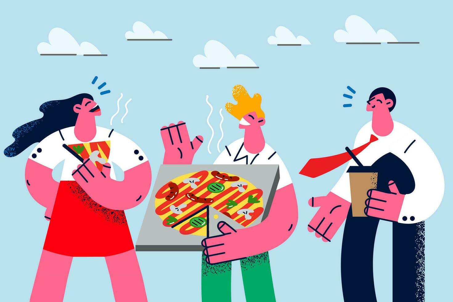Smiling diverse employees or colleagues enjoy pizza and coffee on office break. Happy businesspeople eating out having Italian fast food together. Express restaurant delivery. Vector illustration.
