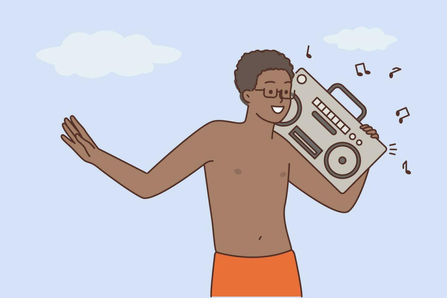 Overjoyed young African American man with stereo on shoulder. Happy black guy enjoy music from equipment relax on beach during summer vacation. Vector illustration.