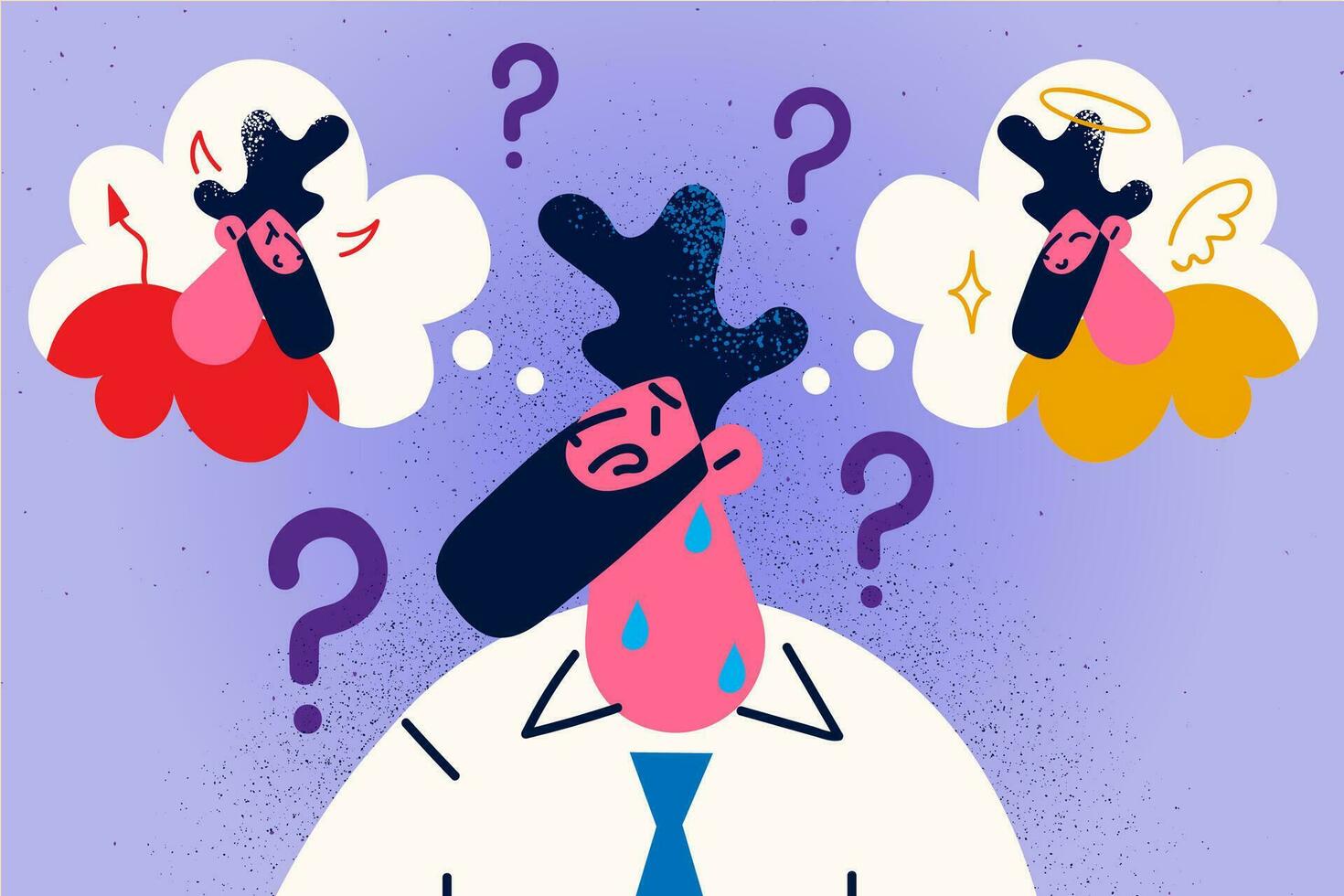 Confused businessman make decision among good and bad person. Frustrated man decide of devil or angel sitting on shoulder. Problem solution and dilemma. Flat vector illustration.