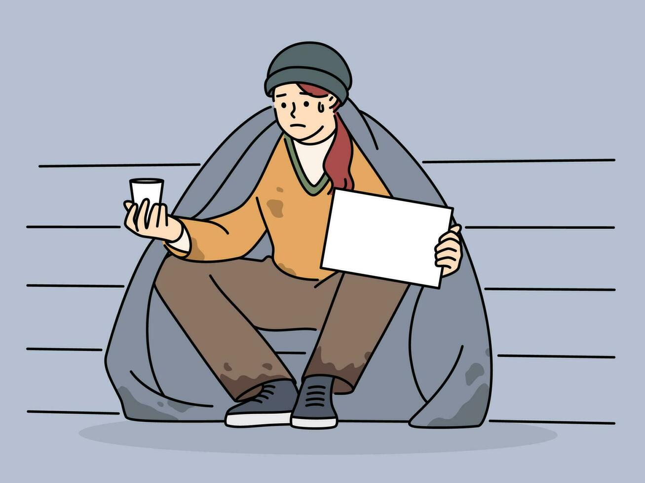 Poor man sit on street with mockup placard ask for money. Unhappy male beggar suffer from poverty. Vector illustration.