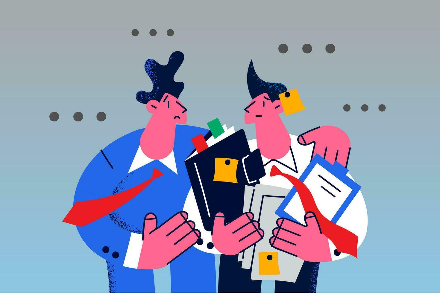 Businessman give stack of paperwork to male employee or subordinate. Man boss or director instruct manage intern or trainee in office. Employment concept. Flat vector illustration.