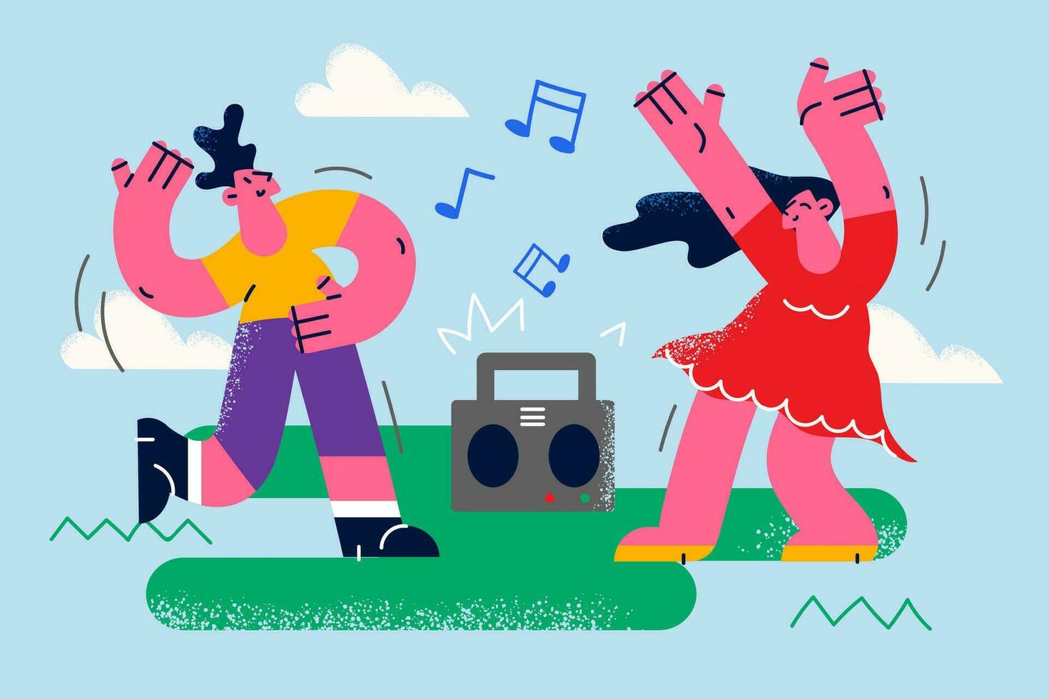 Overjoyed friends have fun dancing together to music in old stereo. Happy diverse man and woman relax rest enjoy dancing outdoors listening to radio on recorder. Flat vector illustration.