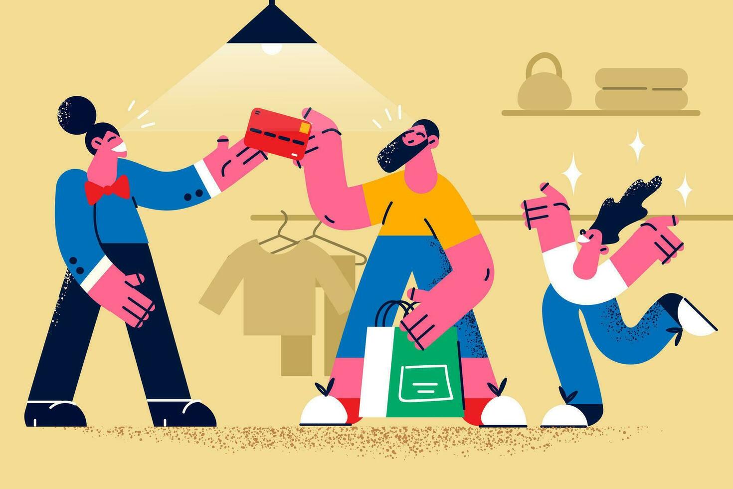 Happy father with child shopping in store paying with credit or debit card. Smiling dad make purchase buy with excited small kid in offline shop use banking service. Flat vector illustration.