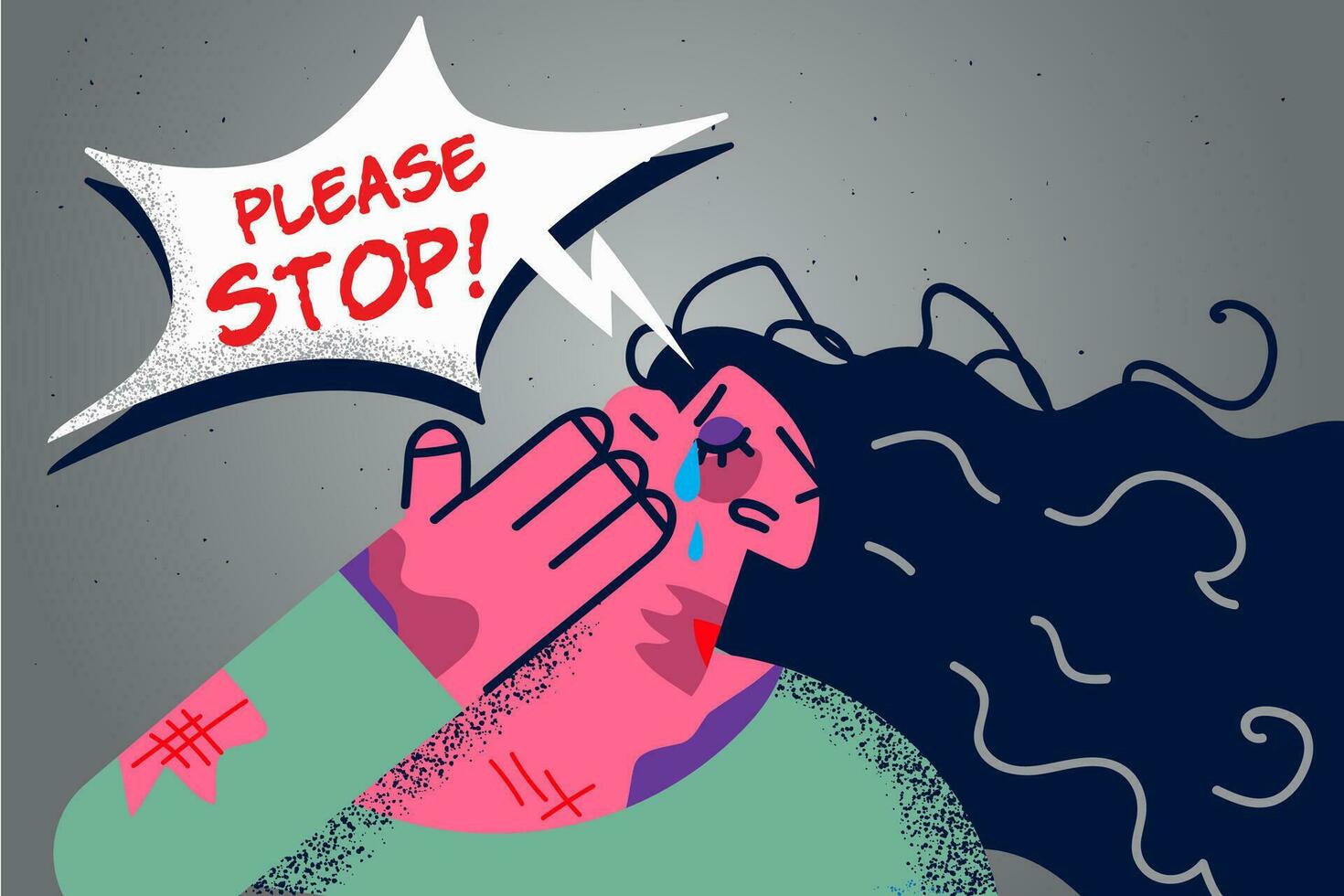 Unhappy female victim with bruises on face beg ask to stop violence and beating. Upset frustrated woman struggle from harassment or domestic abuse. Physical harm. Flat vector illustration.