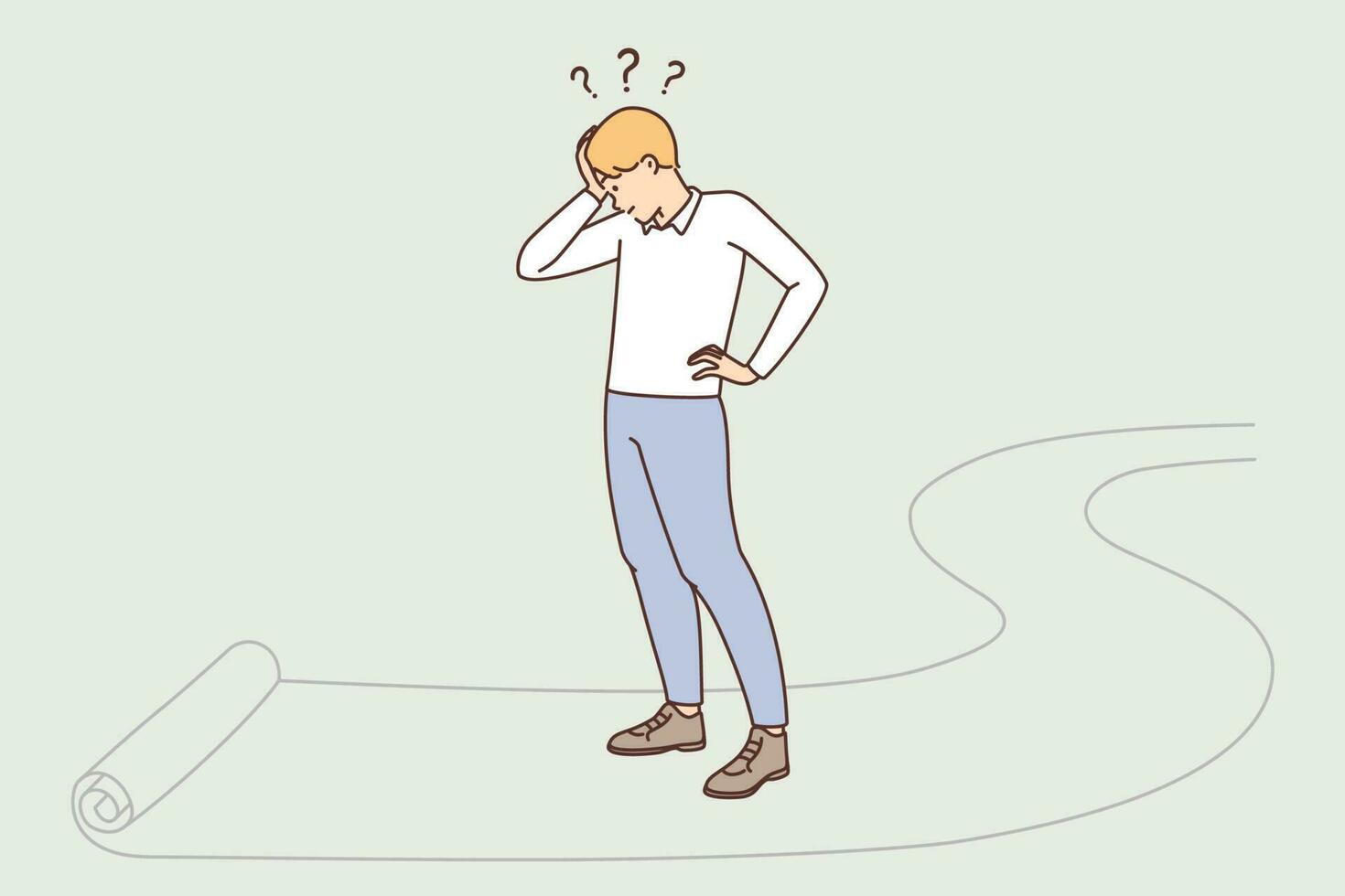 Confused man standing on road thinking of what way to choose. Frustrated male feel unsure doubt about direction or path to go. Vector illustration.