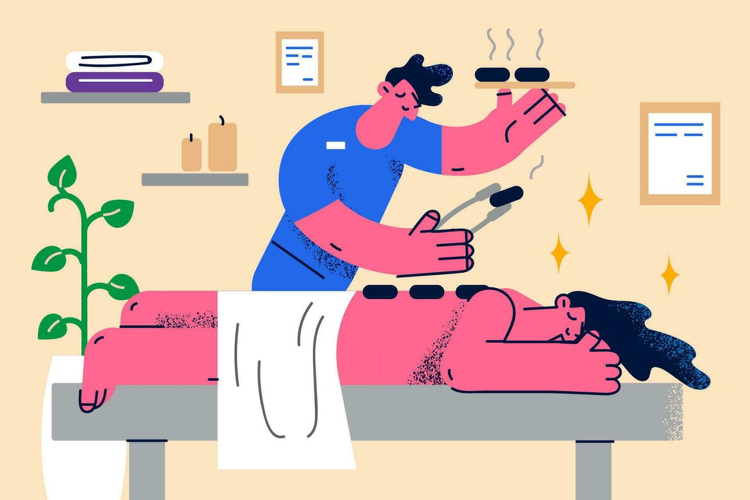 Professional masseur make massage to relaxed woman client in modern saloon or spa. Masseuse do body acre procedures to female patient in salon. Relaxation and wellness. Vector illustration.