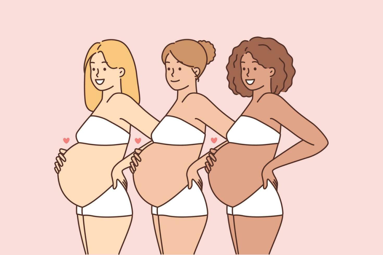 sonriente diverso multiétnico mujer con vientres emocionado acerca de maternidad. contento interracial embarazada hembras el embarazo y paternidad vector ilustración.