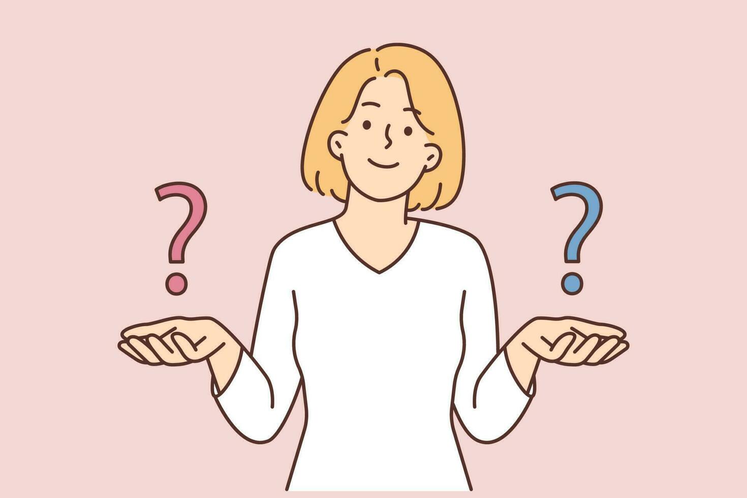 Confused woman with question marks on hands think of problem solving or making choice. Frustrated female feel confusion consider dilemma. Vector illustration.