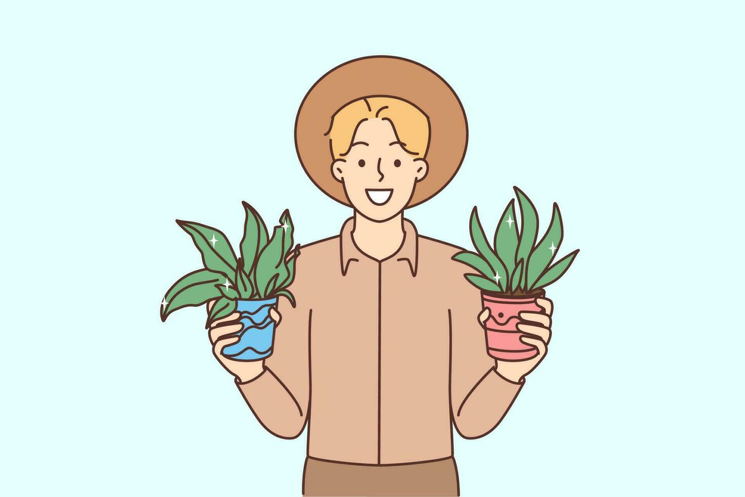 Smiling man holding plants in hands excited about gardening. Happy male gardener with houseplants in pots. Hobby and greenery. Vector illustration.