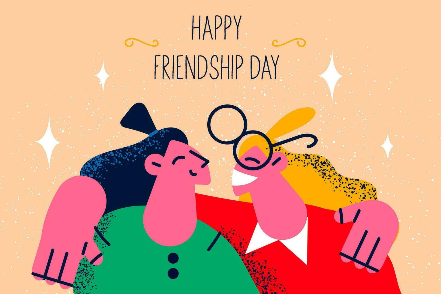 Smiling girls hug enjoy good long friendship. Happy diverse young women friends embrace cuddle. Girlfriends relax together celebrate occasion. Unity and relationship. Vector illustration.
