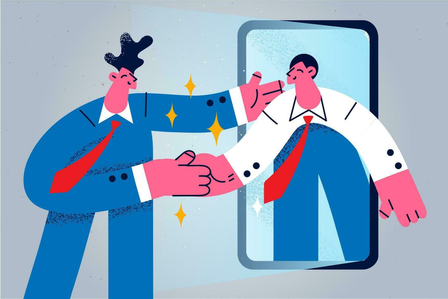 Businesspeople shake hands through cellphone having successful negotiation online. Smiling male business partners handshake on smartphone on virtual webcam call or meeting. Vector illustration.