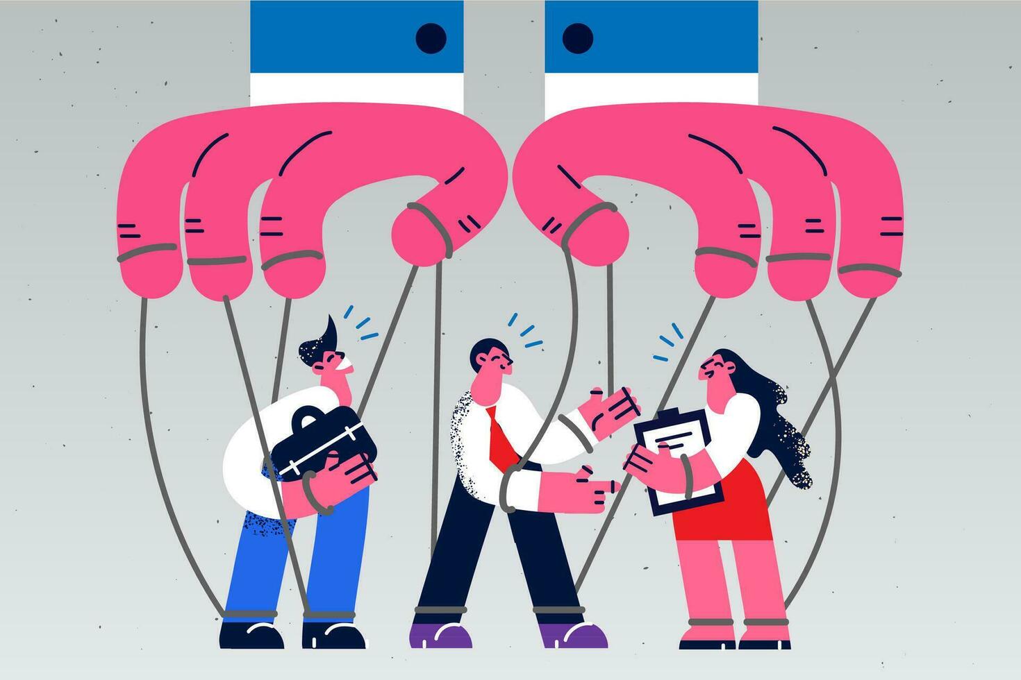 Huge businessperson hands hold ropes control diverse employees or workers. Leader or boss manipulate businesspeople as puppets. Manipulation and command at work. Vector illustration.