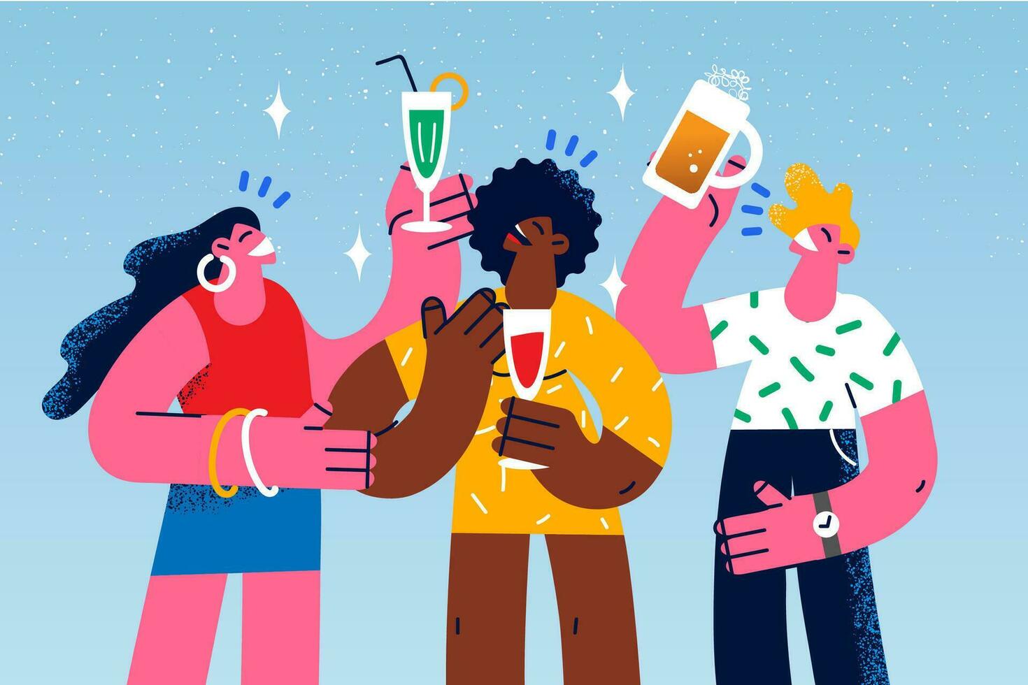 Happy diverse young people with glasses have fun on party together. Smiling multiracial friends drink beverages celebrate special occasion. Summer celebration. Vector illustration.