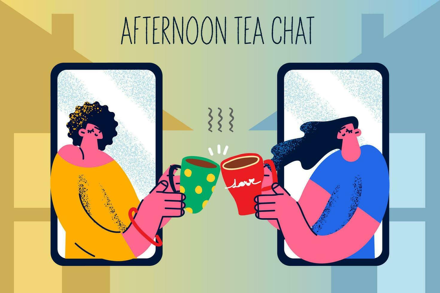 contento mujer amigos bebida té tener en línea reunión o vídeo llamada en teléfono inteligente a aislamiento. sonriente novias disfrutar tarde café charla hablar en cámara web evento a cuarentena. vector ilustración.