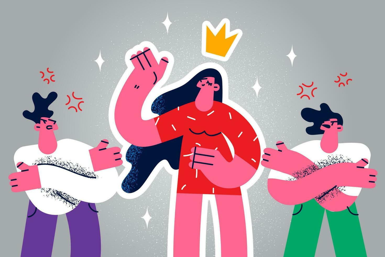 Unhappy mad people jealous successful confident female colleague or worker. Angry employees envy woman competitor or rival. Work or business competition and rivalry. Vector illustration.