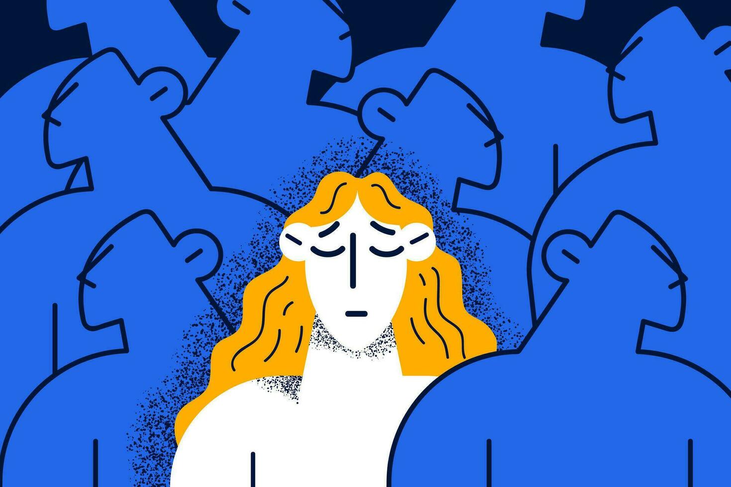 Unhappy young woman feel lonely abandoned in crowd suffer from communication lack. Upset girl struggle with depression or mental disorder. Psychological problem. Flat vector illustration.