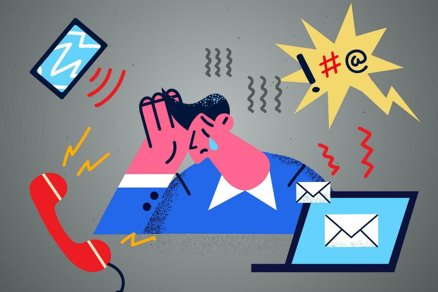 Unhappy man employee or worker stresses with notifications on electronic devices. Upset tired businessman suffer from emotional job burnout or breakdown. Overwork concept. Vector illustration.