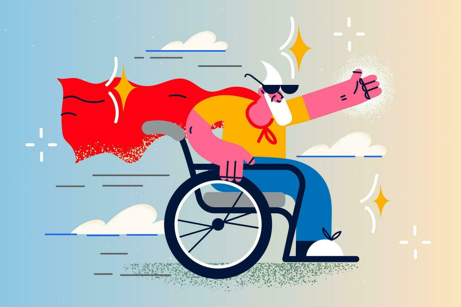 Overjoyed old man in wheelchair feel joyful and happy with life. Smiling positive senior male with disability satisfied with maturity. Positive attitude and mood. Flat vector illustration.