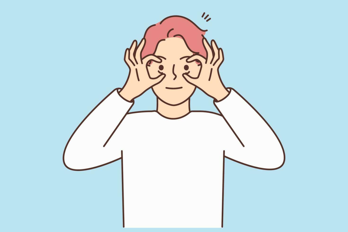 Young man open eyes with hands. Stressed male looking with eyes wide open feeling shocked or amazed. Vector illustration.