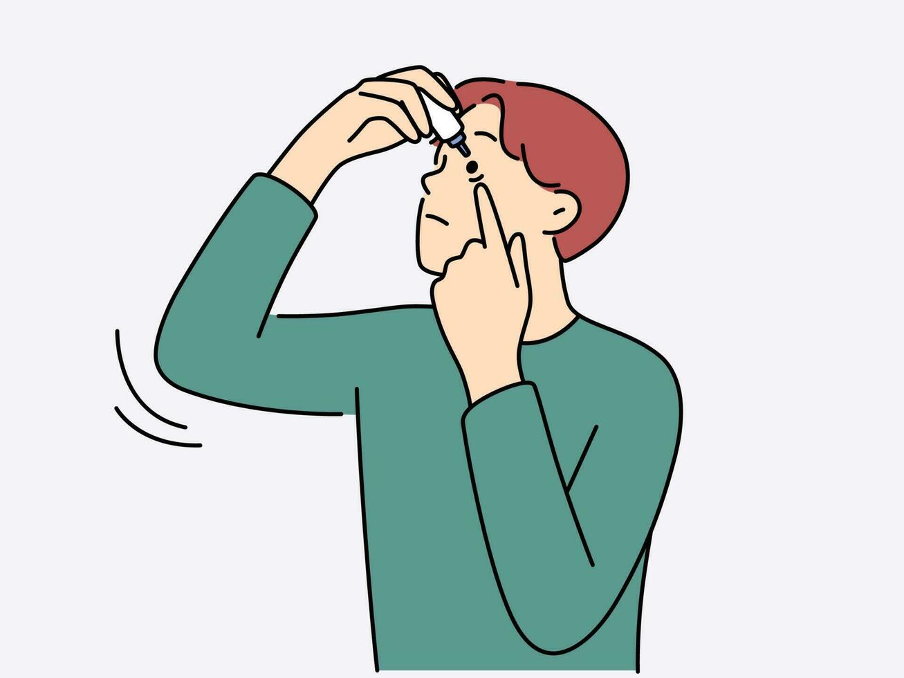 Unhealthy young man apply eye drops suffer from eyesight disease. Unwell guy use medication suffer from allergy or sickness. Vector illustration.
