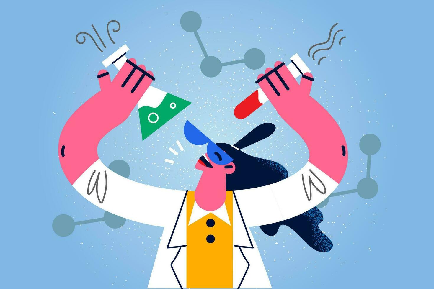 Happy woman scientist in medical uniform with tubes make experiments in laboratory. Smiling female researcher or professional develop vaccine in lab. Science concept. Vector illustration.