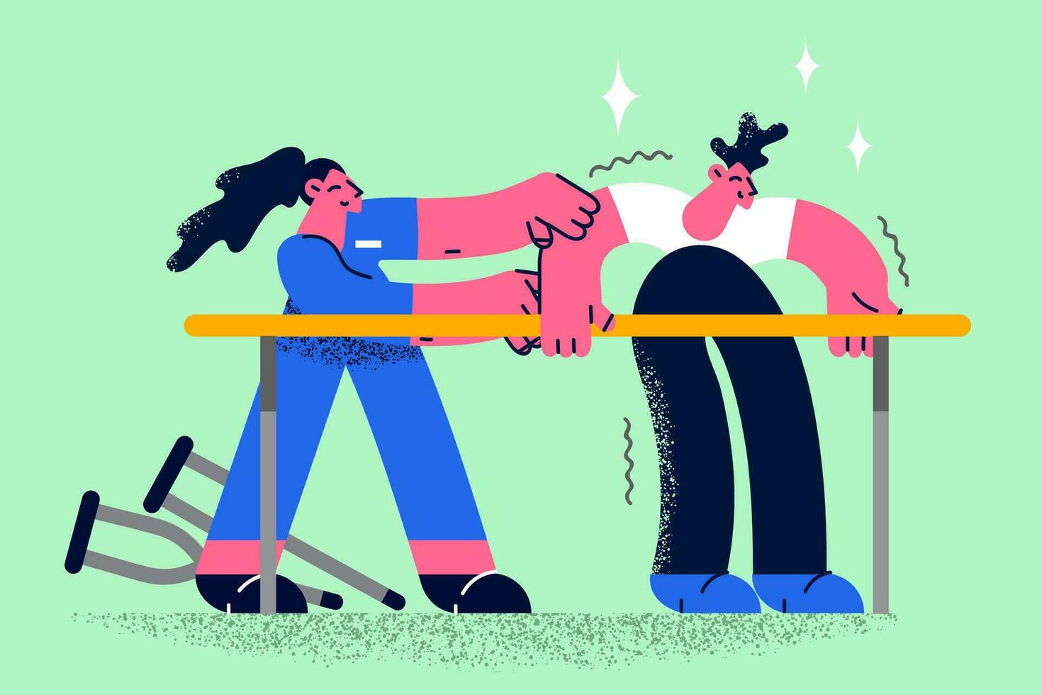 Caring female nurse help injured man train on bars on rehabilitation in hospital. Happy woman doctor and male patient exercise in rehab center. Recovery from trauma or injury. Vector illustration.