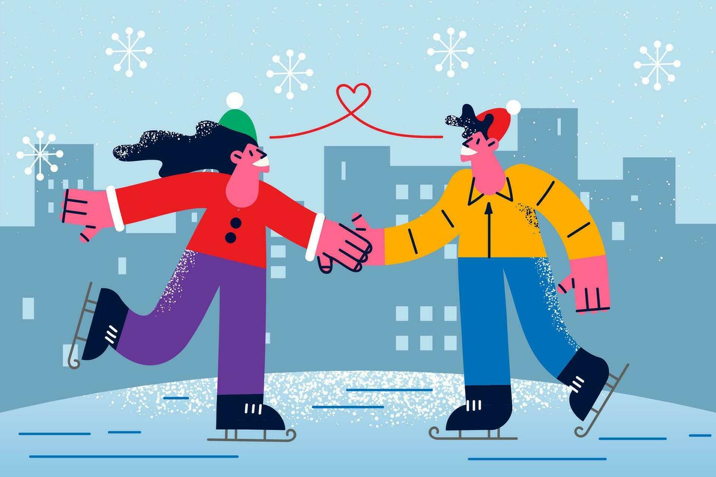 Smiling teen couple have fun skating together on rink outdoors. Happy man and woman in outerwear enjoy romantic date on winter holidays. Relationship and romance. Vector illustration.