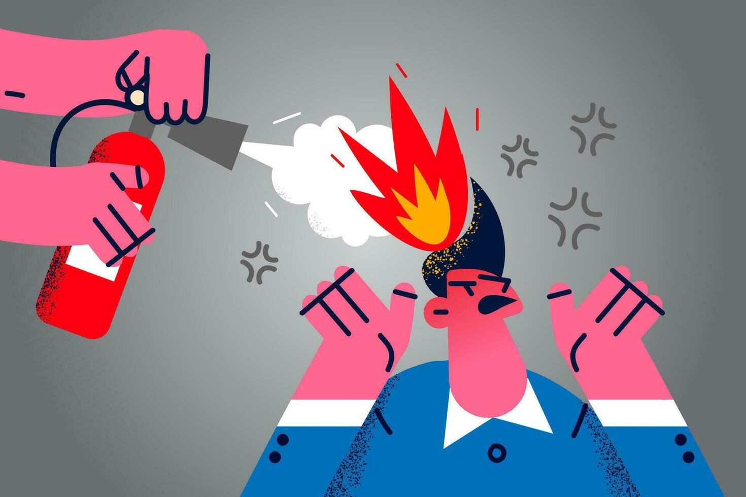 Person hand hold fire extinguisher stifle stressed businessman head with fire. Angry anxious male employee or entrepreneur suffer from nervous or emotional breakdown at work. Vector illustration.