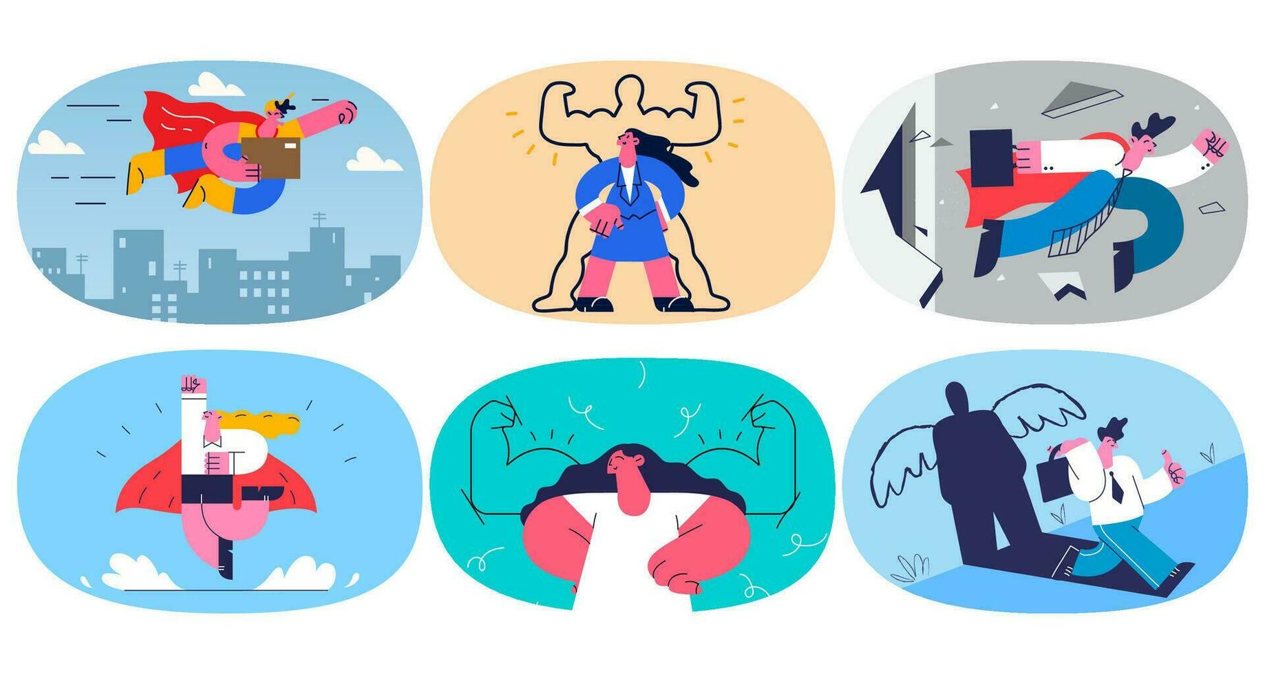 Set of workers as superheroes show power and leadership at work. Collection of businesspeople or employees demonstrate strength, good quality service. Goal achievement. Vector illustration.