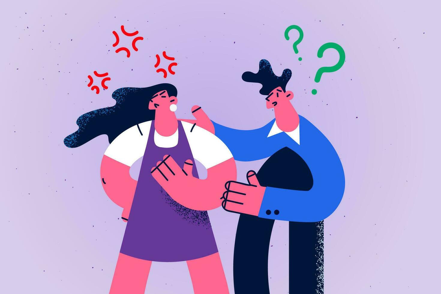 Confused young man comfort support unhappy angry woman. Couple have disagreement or fight think of breakup or divorce. Husband and wife relationship problem. Flat vector illustration.