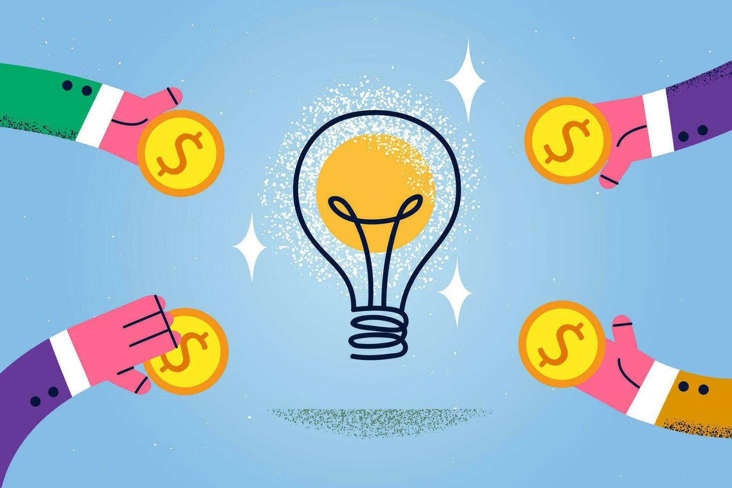Hands of diverse businesspeople offer coins invest money in business idea. Investors or rich people make investment to successful creative plan or strategy. Dividend concept. Vector illustration.