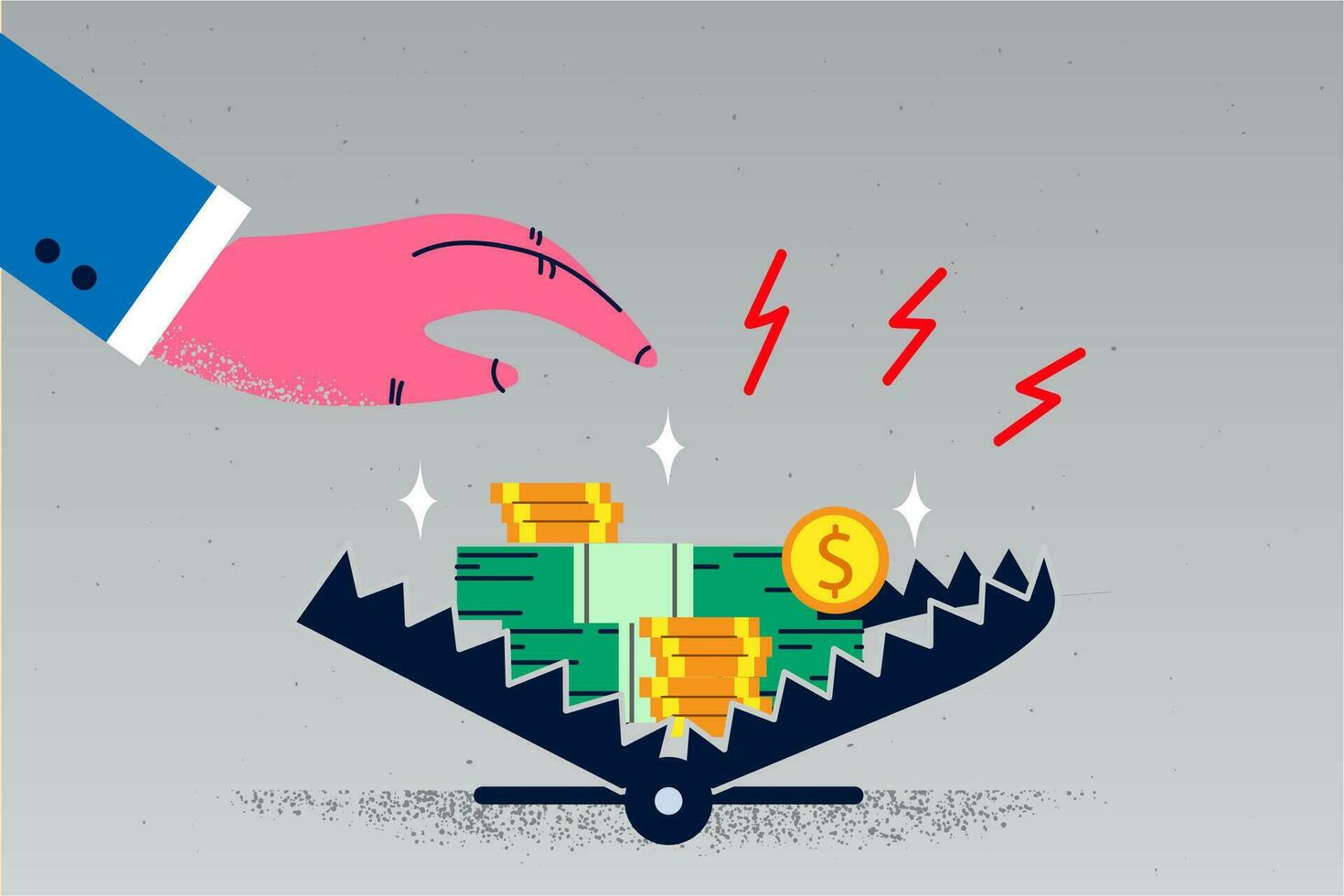 Businessman hand take money from trap risk for easy earning. Man employee involved in risky business deal or offer. Doubtful startup or project. Flat vector illustration, cartoon character.