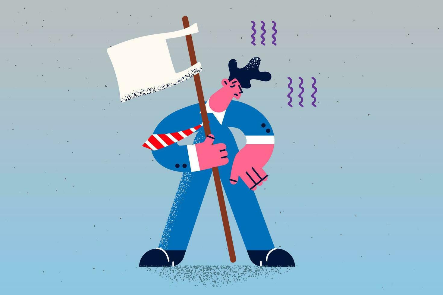 Unhappy stressed businessman hold white flag or surrender show failure and lose. Upset distressed man director or manager demonstrate capitulation and defeat. Flat vector illustration.