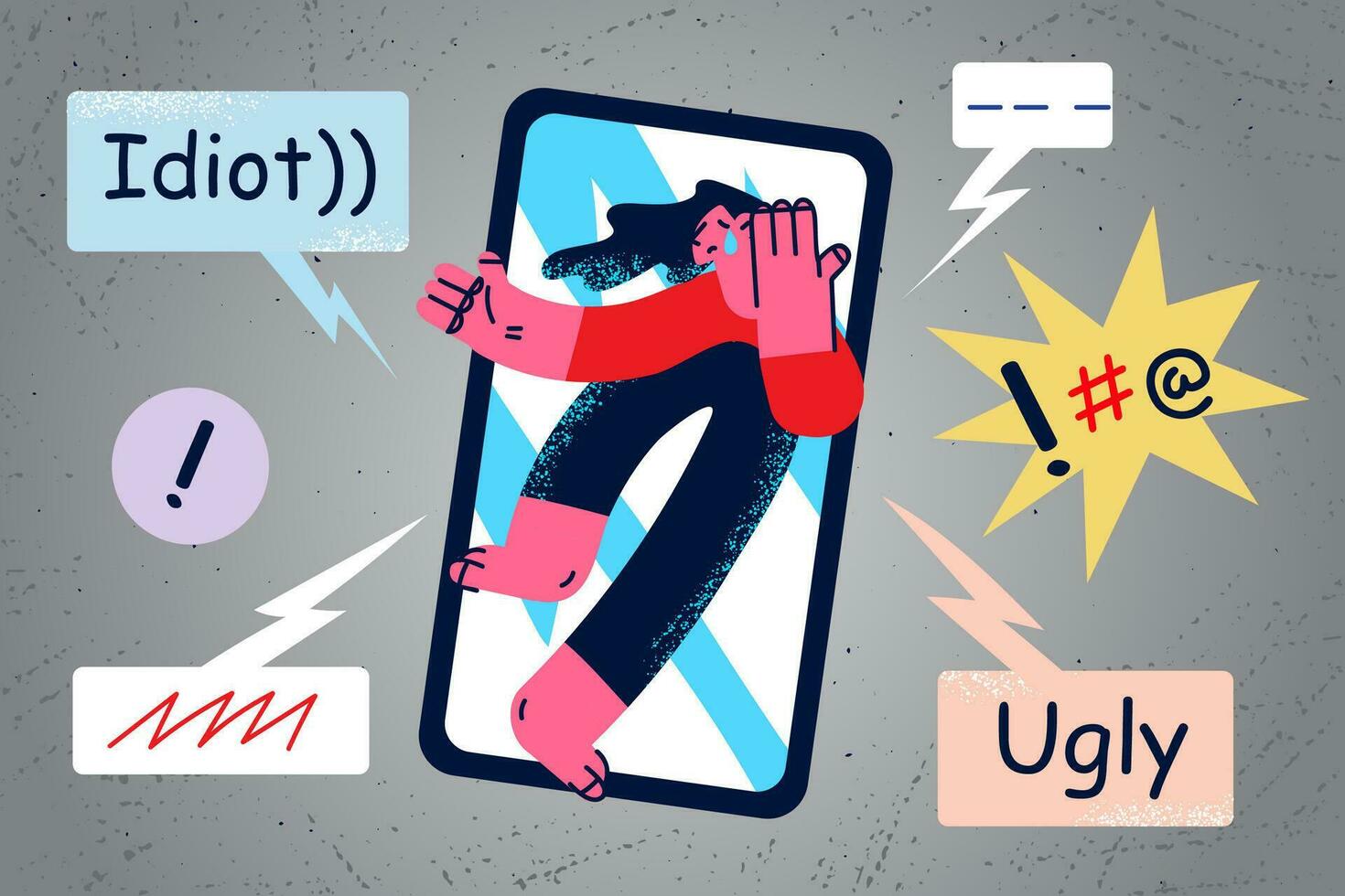 Unhappy stressed teen girl cry suffer from bullying on internet feel distressed broken with negative comments. Frustrated woman struggle with web harassment on phone. Flat vector illustration.