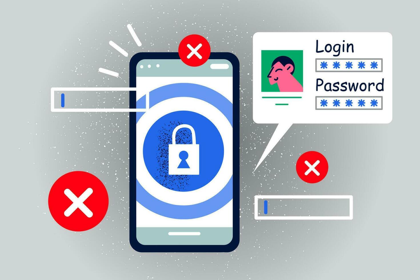 Smartphone login and password notification on screen for web personal data safety. Sign in authorization on cellphone mobile device. Virtual protection, digital identification. Vector illustration.