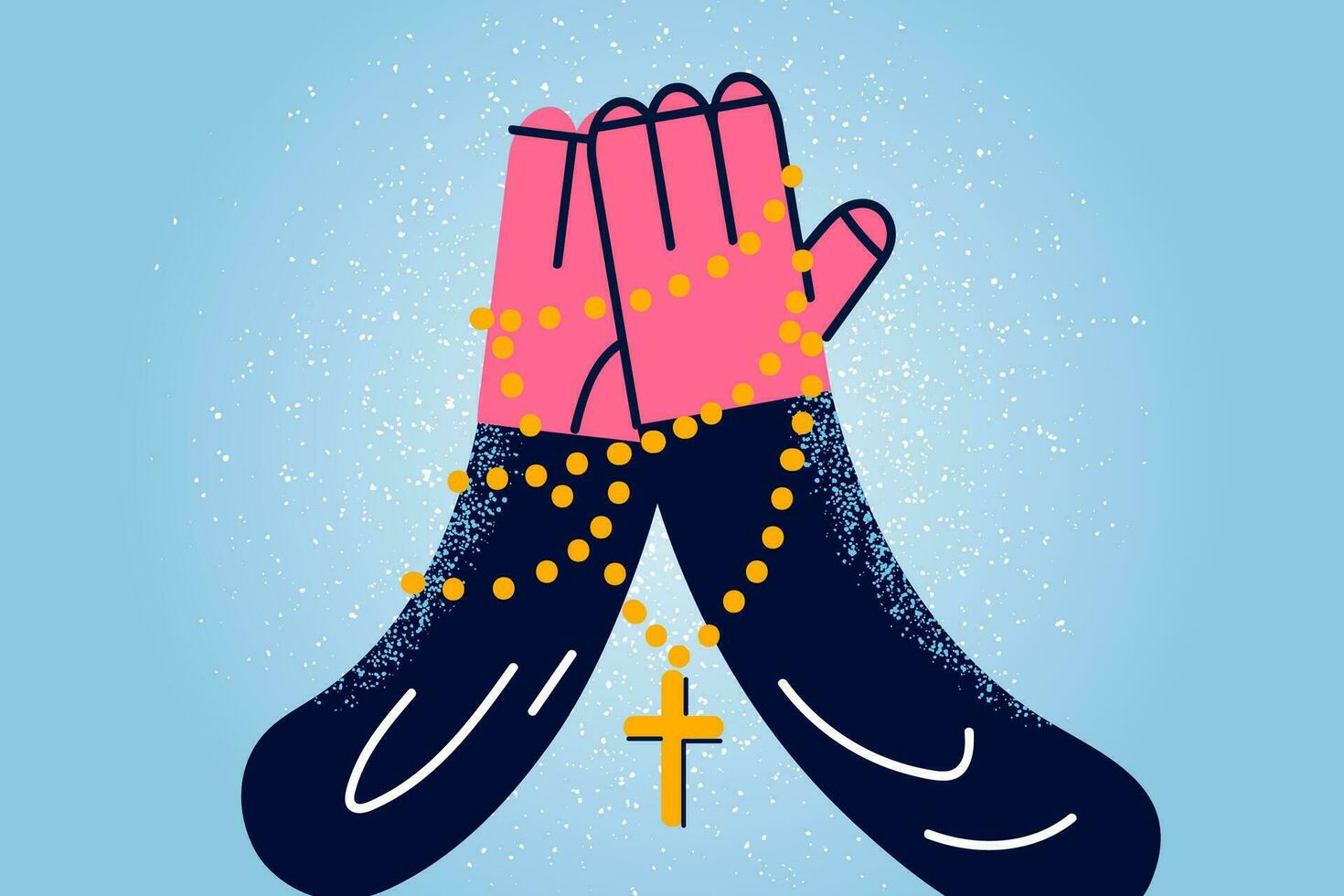 Close up of person hands with cross on chain in hands pray to God. Religious man believer feel thankful grateful show faith. Religion and belief. Christianity concept. Vector illustration.