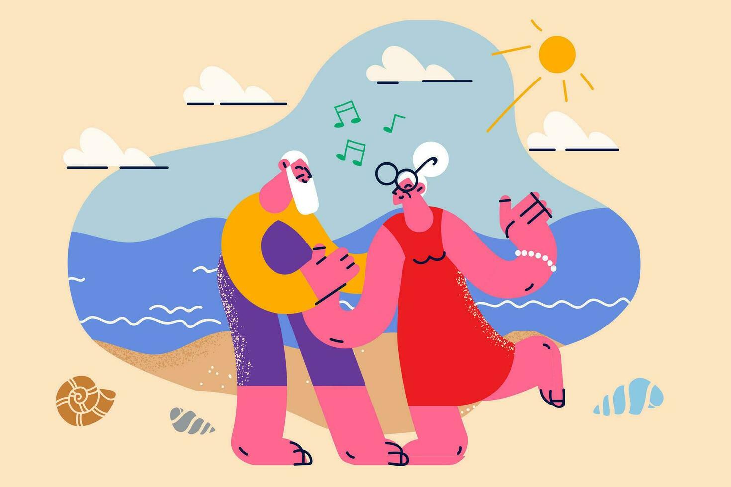 Happy mature couple dance on beach enjoy summer vacation together. Smiling elderly man and woman rest on seaside. Old grandmother and grandfather have fun on seashore. Vector illustration.