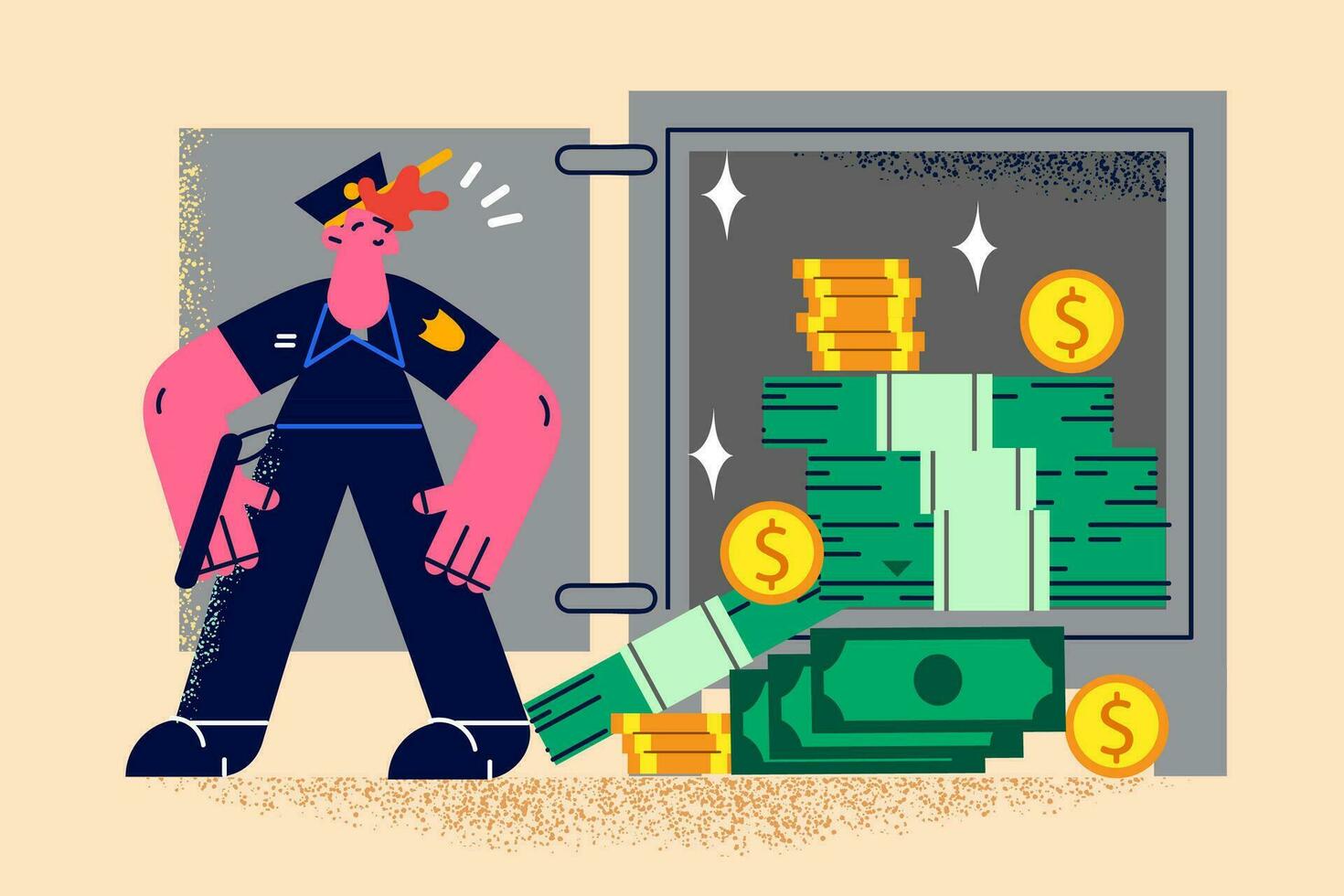 banco bóveda con pilas de dinero con hembra seguridad Guardia proteger eso desde ladrón. caja fuerte con mujer policía oficial proteccion en financiero institución. plano vector ilustración.