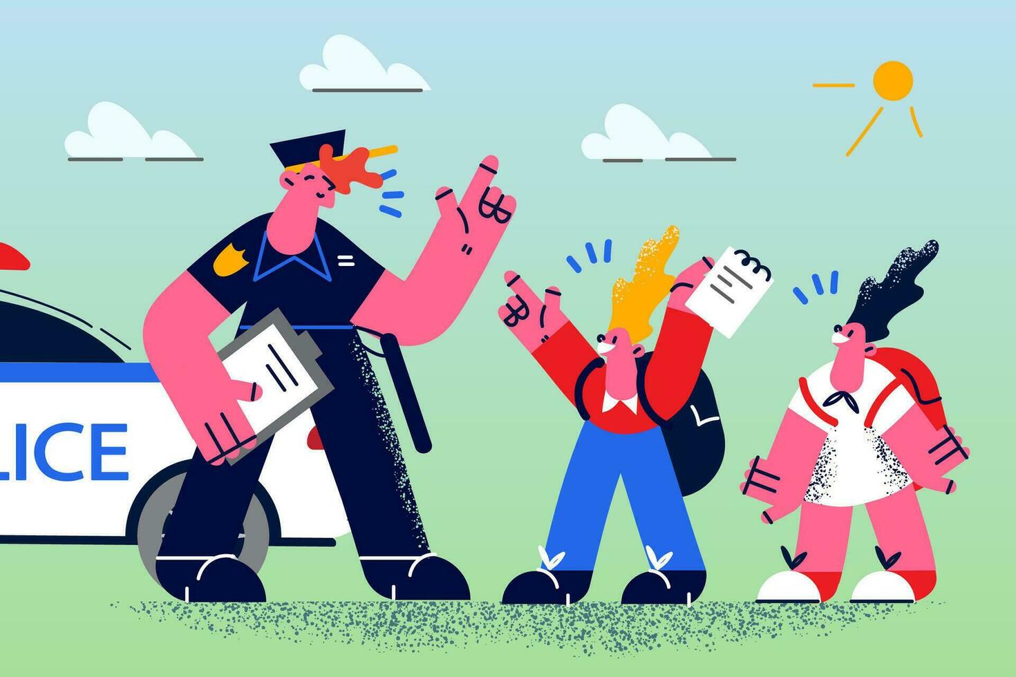 Smiling policeman talk to excited small kids playing on street. Happy male police officer chat speak with little teen children outdoor. Politeness and public services. Flat vector illustration.