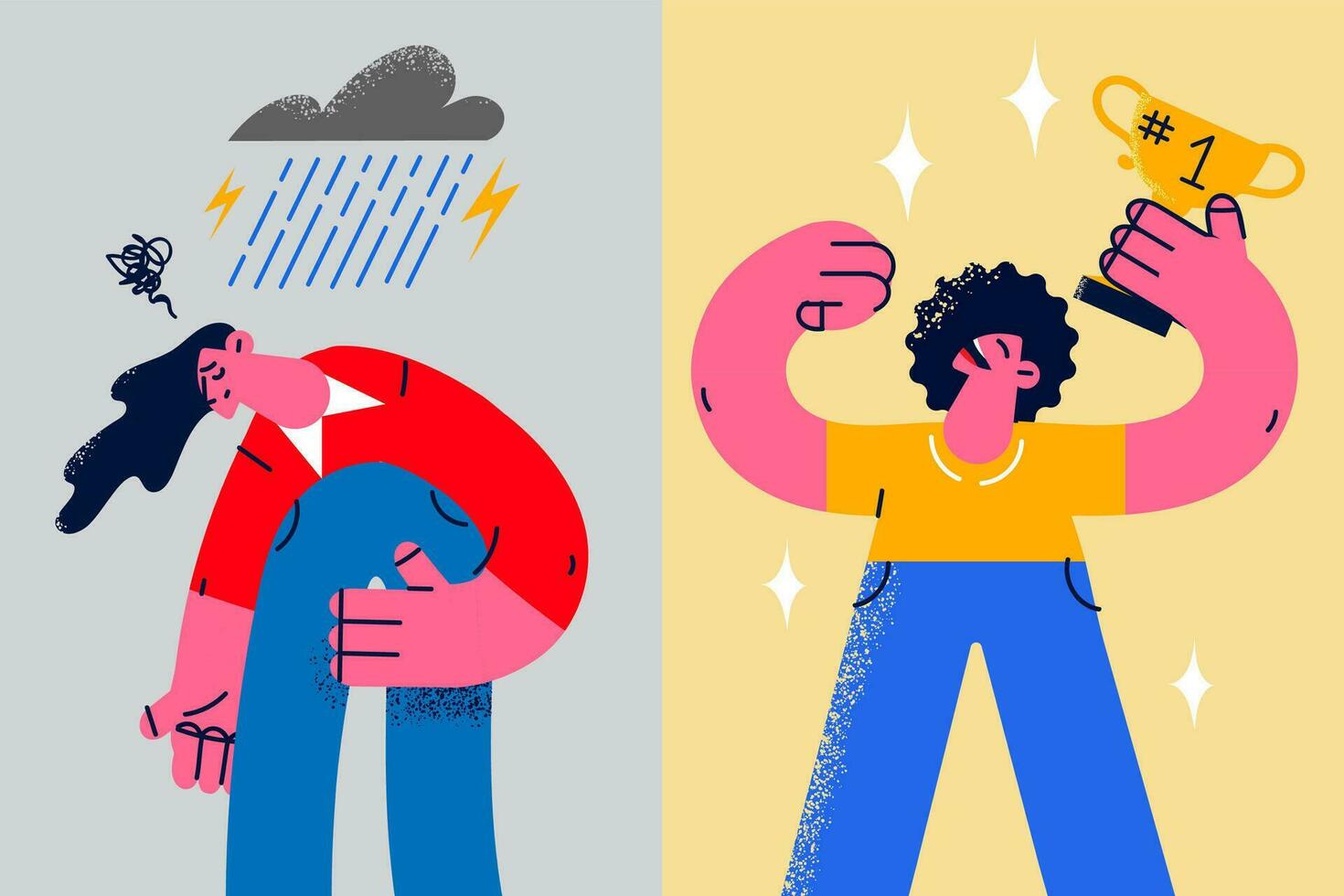 Unhappy unsuccessful woman under rain cloud versus happy confident successful colleague win prize. Comparison of female failure and success. Flat vector illustration, cartoon character.