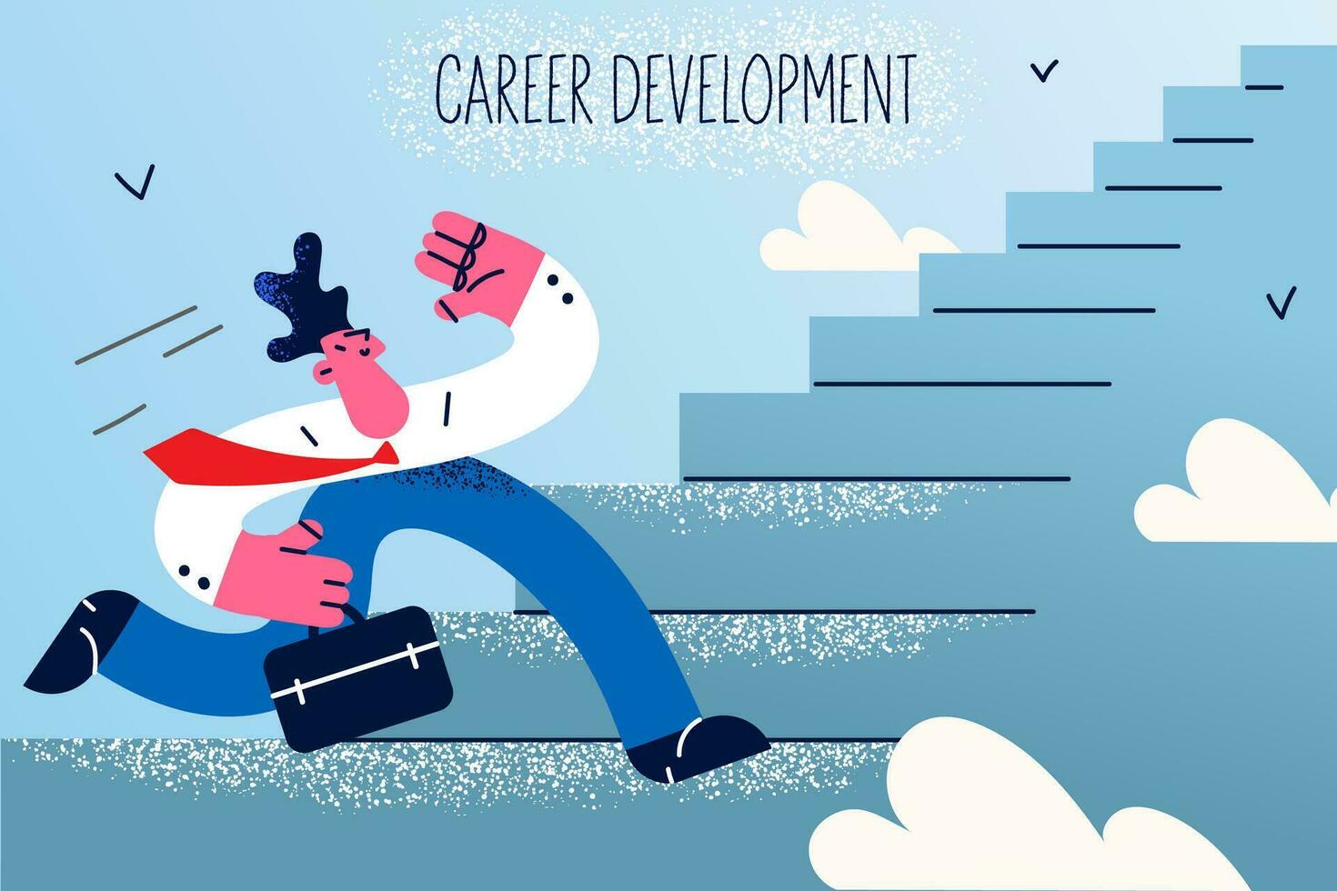 Happy successful young man employee run up stairs of career development. Smiling confident businessman achieve goal or job success. Employment and promotion. Flat vector illustration.