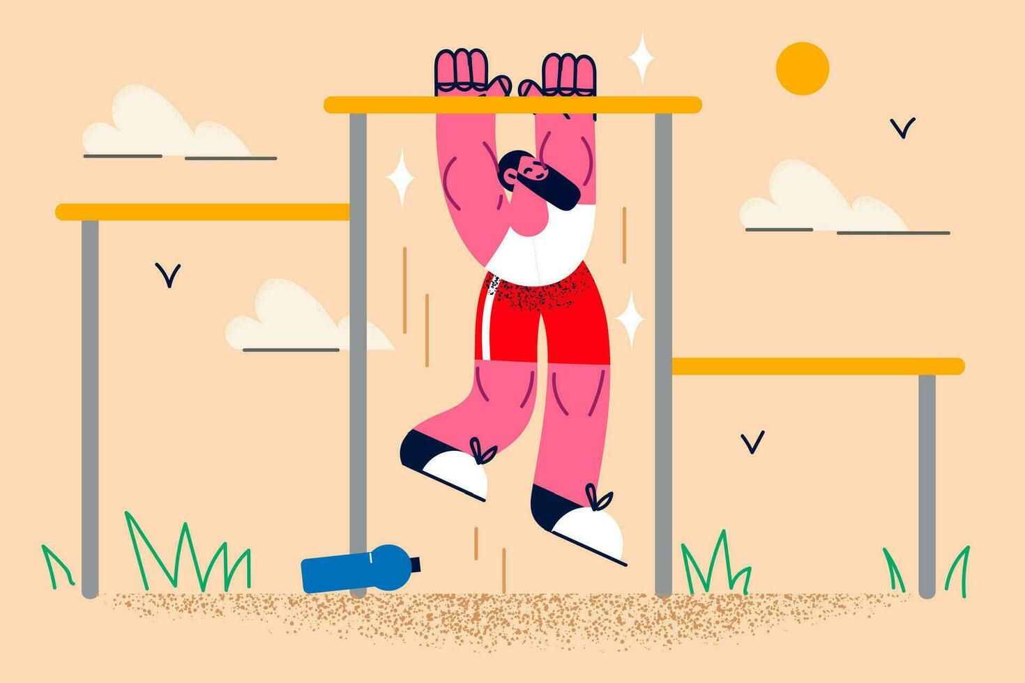 tonificado ajuste deportista hacer dominadas en bar al aire libre. activo hombre hacer Deportes tren ejercicio en Ánimo fresas físico actividad y sano estilo de vida. Mañana rutina de ejercicio concepto. vector ilustración.