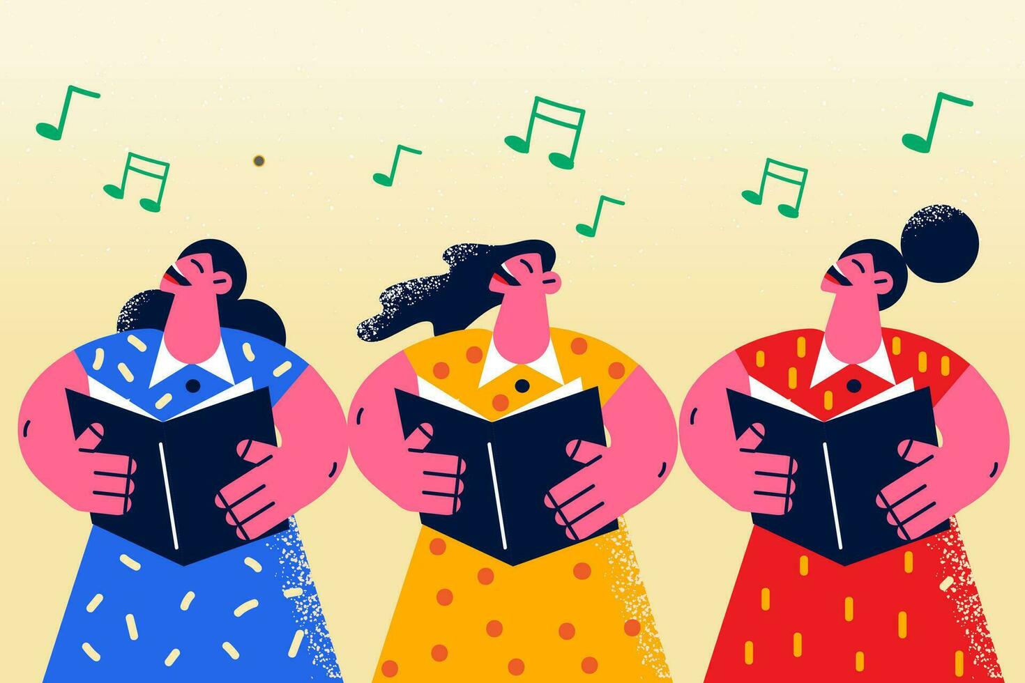 Smiling women have fun sing in choir together. Happy young female singers or artists perform on stage in musical ensemble. Music lover. Hobby, entertainment. Vector illustration.