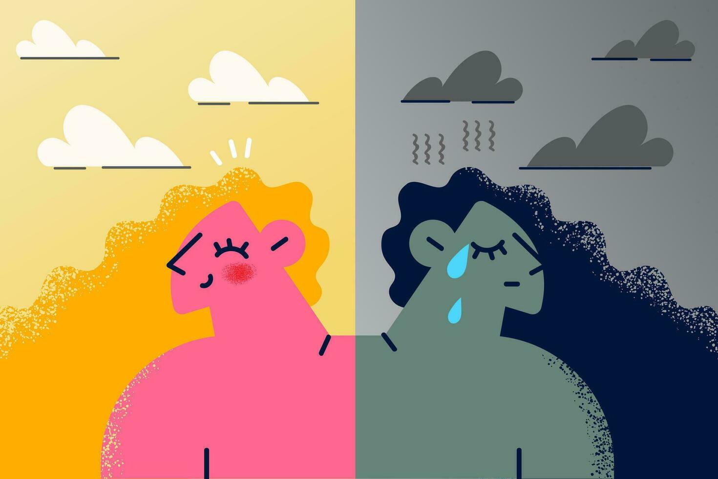 Happy and sad woman on contrary suffer from mood swings having bipolar or mental disorder. Female with various emotions struggle with psychological problem or schizophrenia. Vector illustration.